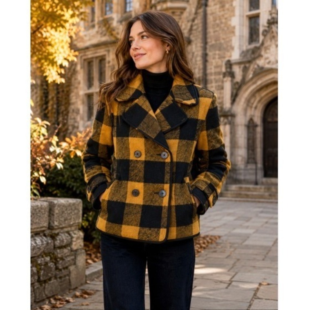LOFT Women S Yellow Black Buffalo Plaid Wool Blend Peacoat Jacket Style 279904